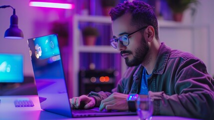 focused software developer engaged in code creation on laptop at minimalist white workstation in mod