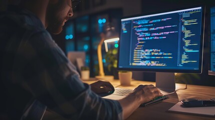 Wall Mural - dedicated programmer engaged in late-night coding session on laptop with mockup screen for network s