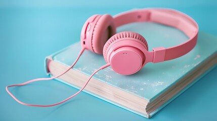 Wall Mural - Pink headphones on a book on blue background close up