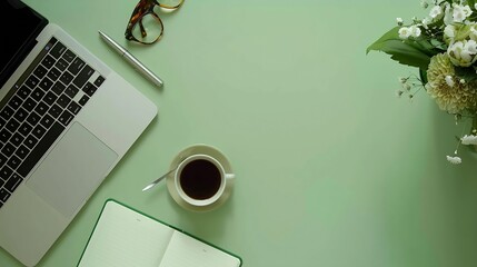 Aufkleber - Desk office with laptop blank notebook flower coffee cup glasses and pen on green table Flat lay top view copy space Home office : Generative AI