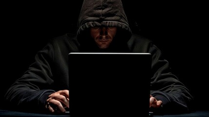 Wall Mural - focused programmer engaged in software development on laptop amidst the shadows - a glimpse into cyb