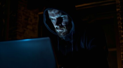 Wall Mural - focused programmer engaged in software development on laptop amidst the shadows - a glimpse into cyb