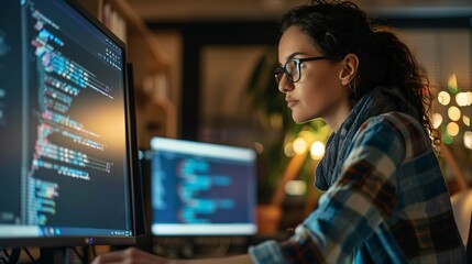 Wall Mural - focused female developer engaged in software programming on desktop in modern office setting