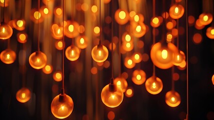 Poster - Classic sphere lighting bulbs are glowing in orange warming shade there are hanging from ceiling in dark environment Interior cozy style decoration Closeup and selective focus : Generative AI