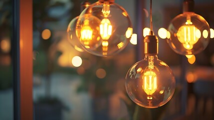 Poster - Classic sphere lighting bulbs are glowing in orange warming shade there are hanging from ceiling in dark environment Interior cozy style decoration Closeup and selective focus : Generative AI