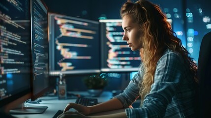 Wall Mural - focused female developer engaged in software programming on desktop in modern office setting
