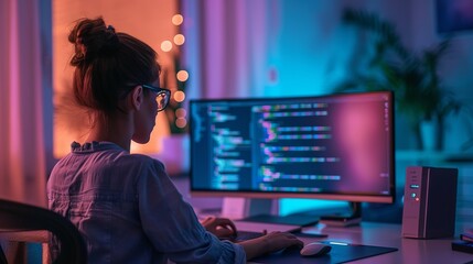 Wall Mural - focused female developer engaged in software programming on desktop in modern office setting