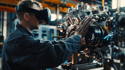 Canvas Print - technician wearing a head-mounted display repairs a complex piece of machinery using remote assistance technology