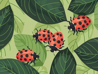 digital illustration of two red ladybugs with black spots crawling on vibrant green leaves in a lush