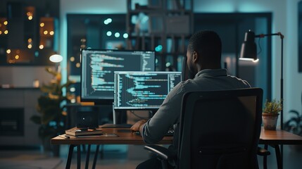 Wall Mural - expert programmer engaged in software development: crafting code on dual monitors amidst cybersecuri
