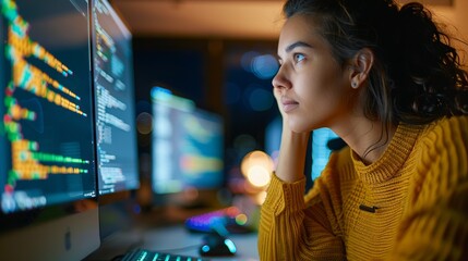 Wall Mural - focused female developer engaged in software programming on desktop in modern office setting