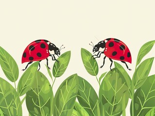 digital illustration of two red ladybugs with black spots crawling on vibrant green leaves in a lush