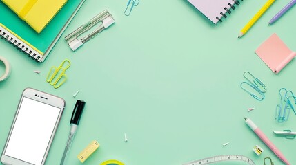 Poster - Back to school concept Top view photo of school supplies smartphone on notepad pens binder clips and adhesive tape on isolated pastel green background with copyspace : Generative AI