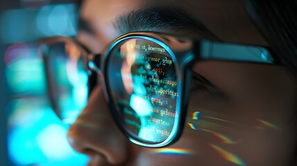 Closeup Portrait of Software Engineer Working on Computer Line of Code Reflecting in Glasses Developer Working on Innovative eCommerce Application using Big Data AI Stylish Macro Shot  : Generative AI