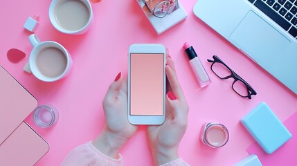 Aufkleber - Close up feminine workspace with smartphone in female hands latte ice notebook spectacles nail polish and lipstick Flat lay top view : Generative AI