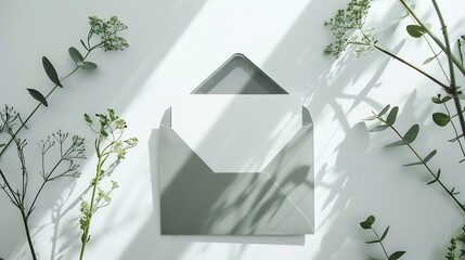 Poster - Mock up card with plants Invitation card with grey envelope on white background : Generative AI