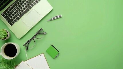Fototapete - Desk office with laptop blank notebook flower glasses coffee cup and pen on green table Flat lay top view copy space Home office : Generative AI