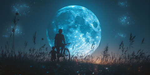 Wall Mural - Fathers day theme with father riding bike with his child on the meadow against giant blue moon