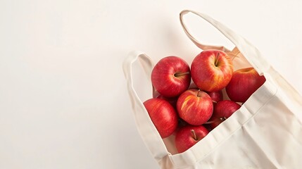 Aufkleber - Red ripe apples in shopping bag on white background Autumn apple flat lay top view copy space Autumn harvest apple cooking concept : Generative AI