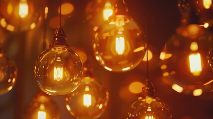 Poster - Classic sphere lighting bulbs are glowing in orange warming shade there are hanging from ceiling in dark environment Interior cozy style decoration Closeup and selective focus : Generative AI