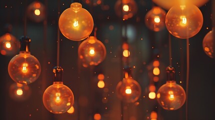 Poster - Classic sphere lighting bulbs are glowing in orange warming shade there are hanging from ceiling in dark environment Interior cozy style decoration Closeup and selective focus : Generative AI