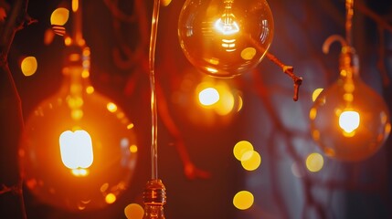 Poster - Classic sphere lighting bulbs are glowing in orange warming shade there are hanging from ceiling in dark environment Interior cozy style decoration Closeup and selective focus : Generative AI