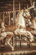 Vintage carousel horses, mid gallop, golden hour light, side view, sepia tones
