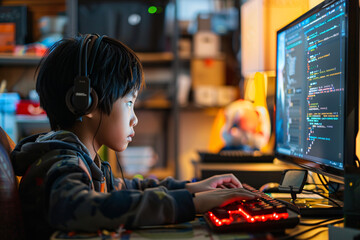 kid wearing headphones programming on a pc with dual monitors in a cozy room
