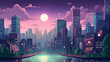 cityscape with a large moon in the sky, neon background