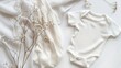 © Generative AI - White newborn bodysuit mockup for baby or pregnancy announcement design presentation top view neutral colors bohemian style flat lay : Generative AI