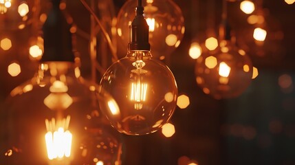 Poster - Classic sphere lighting bulbs are glowing in orange warming shade there are hanging from ceiling in dark environment Interior cozy style decoration Closeup and selective focus : Generative AI