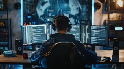 Expert programmer engaged in software development: crafting code on dual monitors amidst cybersecurity challenges