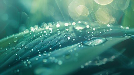 Poster - Large drop water reflects environment Nature spring photography raindrops on plant leaf Background image in turquoise and green tones with bokeh : Generative AI