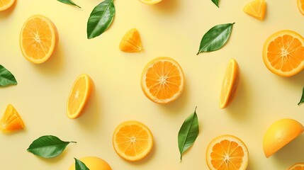 Poster - Creative summer pattern made of oranges and green leaves on pastel yellow background Fruit minimal concept Flat lay : Generative AI