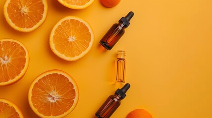 Wall Mural - Natural orange essential oil in bottle and cut oranges fruit on  orange background table Citrus oil for skin care spa massage aromatherapy and natural medicine Flat lay top view copy s : Generative AI