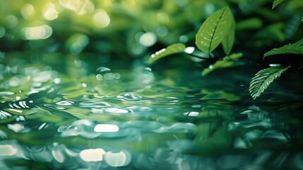 Aufkleber - Green leaves on water surface Beautiful water ripple background for product presentation Copy space : Generative AI