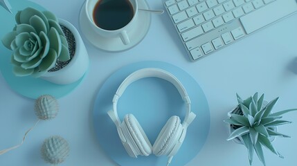 Aufkleber - Neutral Minimalist Flat Lay Scene With coffee keyboard headphones and cactus : Generative AI
