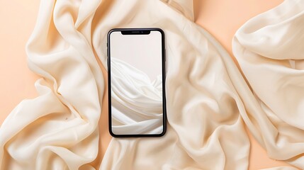 Aufkleber - Flatlay of blank screen mobile phone linen cloth on neutral beige background Aesthetic home office desk workspace Lady girl boss business work blog template with mockup space Flat lay  : Generative AI