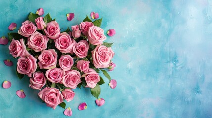 Poster - A stunning heart shaped bouquet of fresh pink roses set against a dreamy pastel blue backdrop evoking thoughts of Valentine s Day Easter weddings or Mother s Day This imaginative floral arr