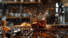 A Glass Of Liquor Is Splashing On A Table With Coffee Beans