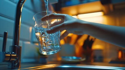 Aufkleber - Womans hand holding a glass pours water from a faucet in the kitchen Top view flat lay : Generative AI