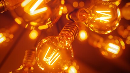 Poster - ceiling lighting bulbs are glowing in orange warming shade in dark environment Interior cozy style decoration Closeup and selective focus : Generative AI