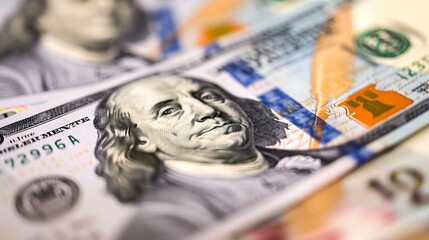 Aufkleber - Closeup image of hundred dollar and hundred euro billsBanknotes of 100 US dollars and 100 eurosCurrency exchange rate : Generative AI