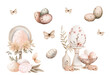 Watercolor vector illustration, delicate Easter eggs in antique style
