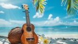 Summer Travel with Guitar ukulele with coconut juice for relax on the beautiful beach and blue sky background