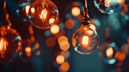 Aufkleber - Classic sphere lighting bulbs are glowing in orange warming shade there are hanging from ceiling in dark environment Interior cozy style decoration Closeup and selective focus : Generative AI