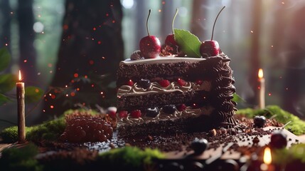 Wall Mural - Chocolate cake with cherries and raspberries on a dark background