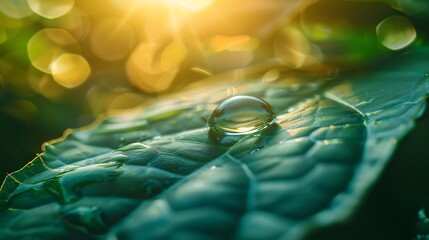 Poster - Beauty transparent drop of water on a green leaf macro with sun glare Beautiful artistic image of environment nature in spring or summer : Generative AI