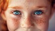 Closeup photo Body part Young happy and joyful face in freckles blue eyes of a child teenager looking at the camera : Generative AI