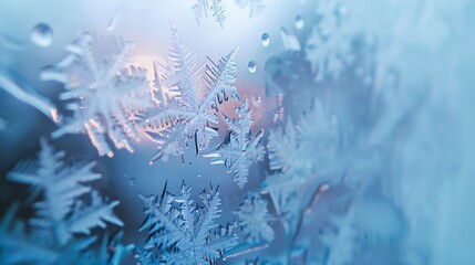 Aufkleber - Frozen rain drops on a window with a blurry snowy view Ice and water on the window closeup : Generative AI